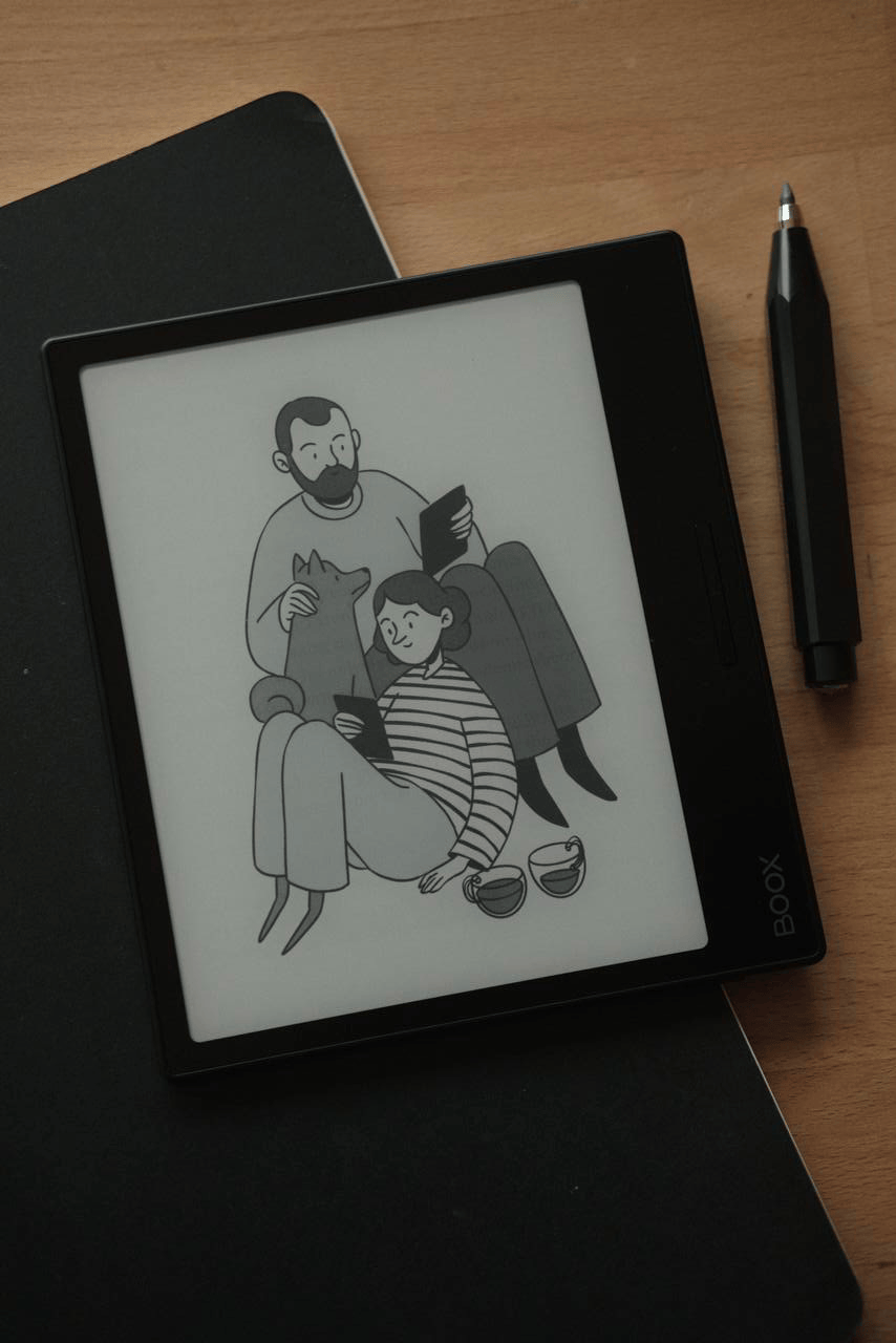 Boox Leaf2 with custom illustration of our family